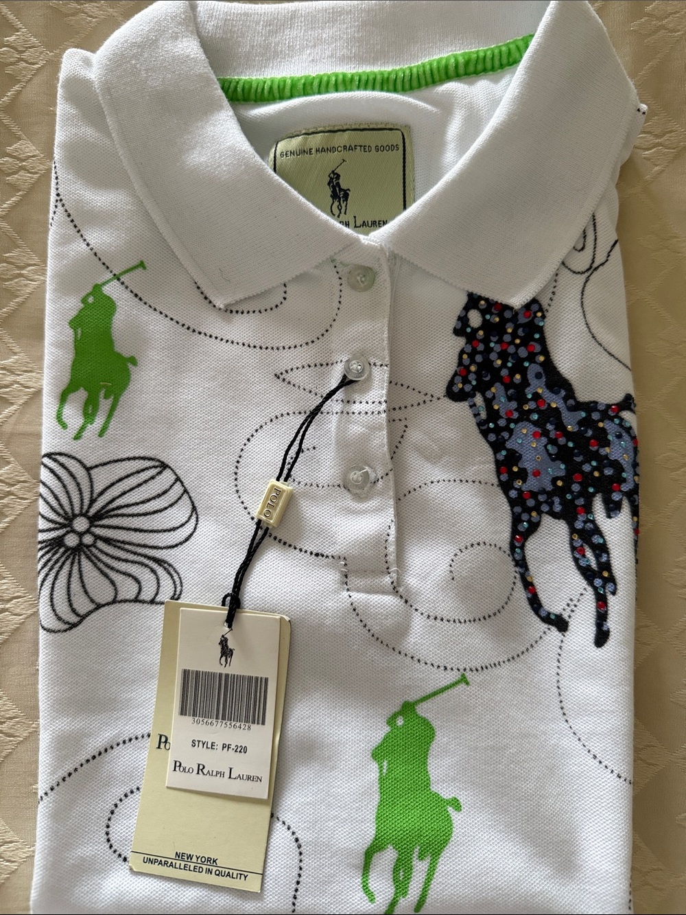 Polo by Ralph Lauren White Polo with Green & Multicolor Pony Accents - Size L